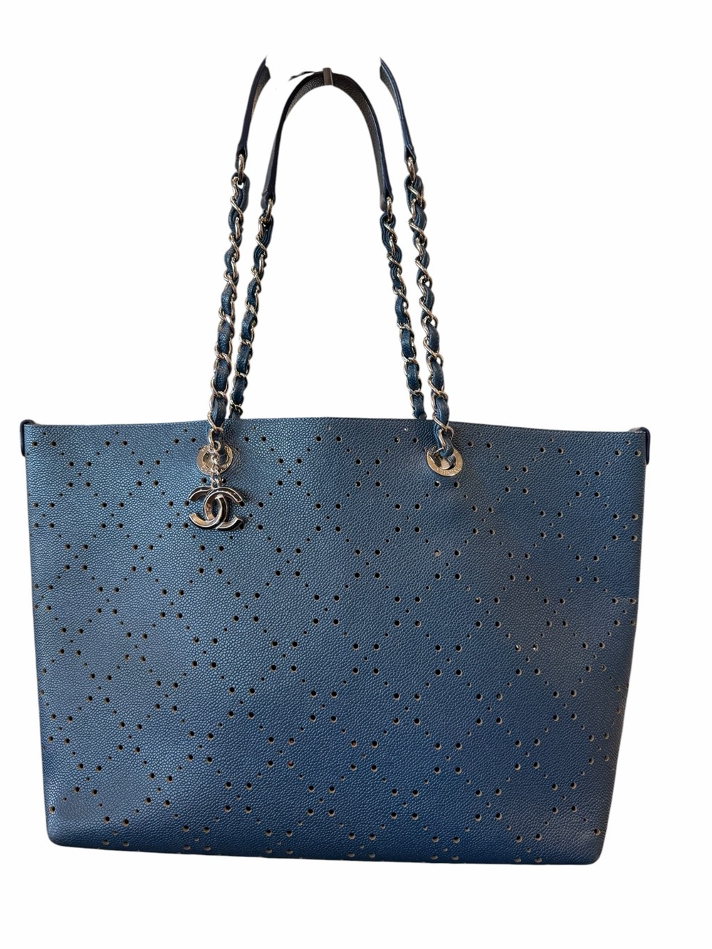 CHANEL Blue Perforated Leather Tote with Silver CC Charm - Picture 4 of 13
